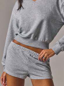 Athîral Women's Casual V-Neck Light Grey Solid Color Long Sleeved Loose Top Hoodie And Shorts Two Pieces Set Basic Versatile Daily Dating Outfit Lounge Fall - Grey - View 5