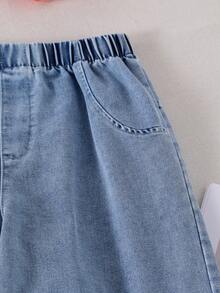 SHEIN Elladie kids 2件組女童條紋長袖上衣與寬鬆淺藍色牛仔褲，甜美休閒套裝，適合春秋日常穿著 - 粉色 - 查看 6