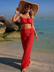 SHEIN Swim 兩件式純色女士泳衣套裝，無肩帶上衣搭配長褲，優雅熱帶歐式度假風，適合海灘度假，紅色夏季款 - 紅色 - 查看 7