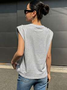 DAZY 條紋圓領無袖墊肩女款夏季T恤 - 灰色 - 查看 2