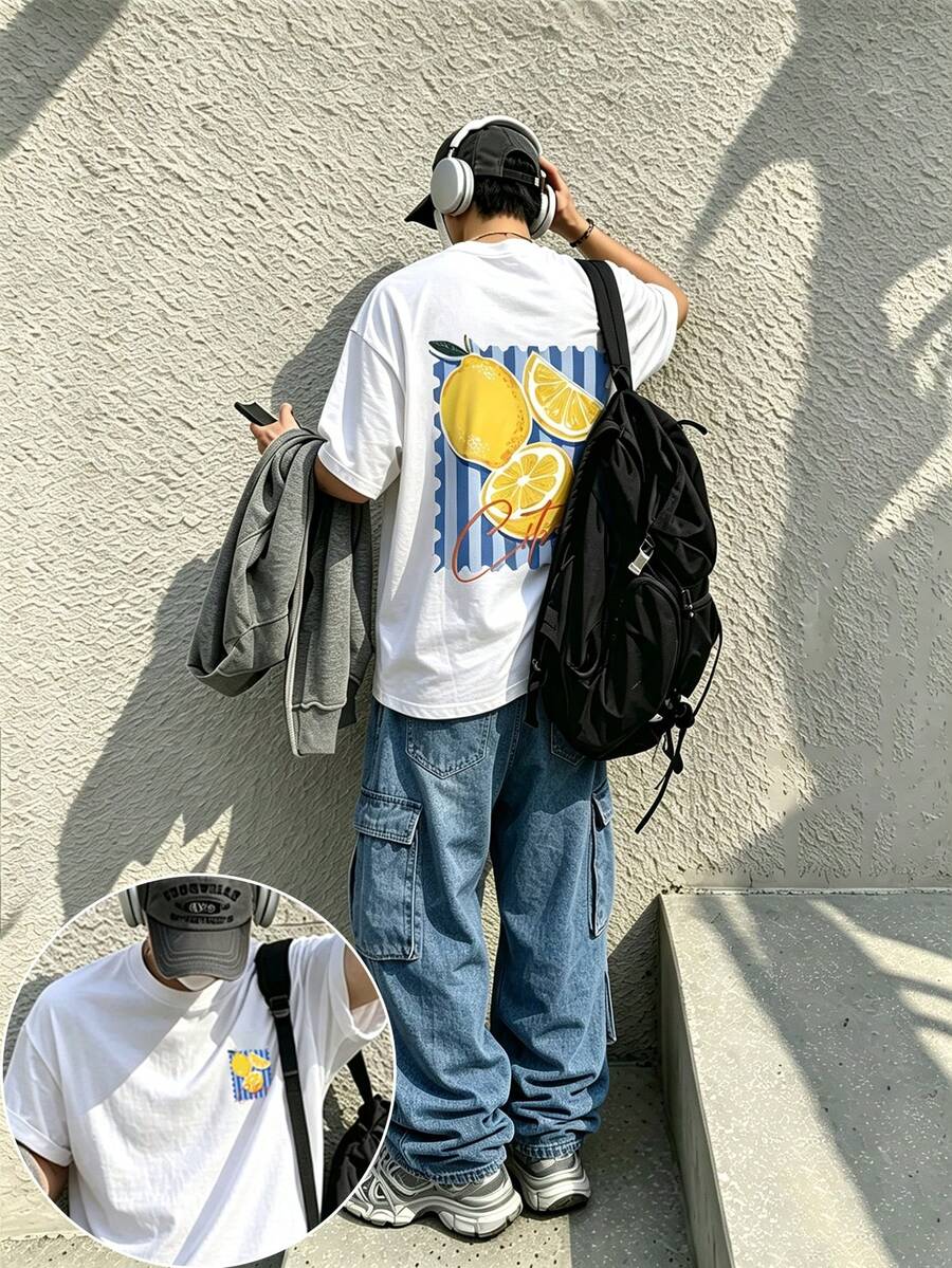 Resyla Men 柑橘檸檬圖案印花寬鬆版型短袖休閒T恤男款 - 白色 - 查看 1