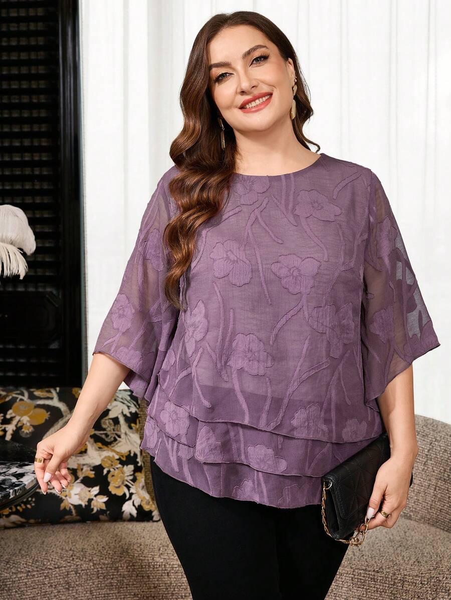 Reflora Plus Size Women's Floral Print Round Neck Mesh Bell Sleeve Elegant Blouse - Purple - View 1