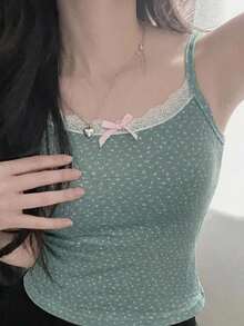 DAZY 女款碎花網紗蕾絲細肩帶背心上衣 - 綠色 - 查看 6