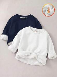 SHEIN 2件組 BASICS 青少女休閒百搭舒適抓絨內裡圓領寬鬆長袖針織套頭衛衣，2款各1件，適合通勤、上學、日常休閒、度假旅行、運動，秋冬款 - 彩色 - 查看 4
