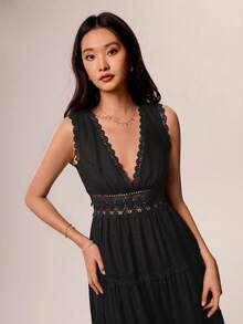 Willow Rêve 女款黑色波希米亞刺繡飾邊深V領飄逸長洋裝，浪漫度假風，情人節，波西米亞風，適合約會、野餐，刺繡洋裝 - 黑色 - 查看 8