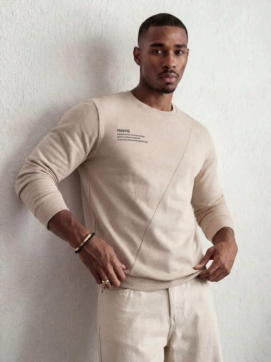 Manfinity VCAY Áo nỉ cổ tròn dệt kim dài tay in khẩu hiệu thường ngày dành cho nam - Màu Khaki - Xem 1
