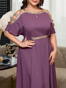 Reflora Plus Size Fashion Cinched Waist Rhinestone Embellished Off-Shoulder Dress - Multicolor - View 3