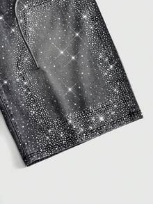 ROMWE MEN Street Life Short en jean décontracté d'été pour homme grande taille avec décoration de strass - Bleu azur - Voir 4