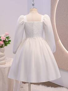 White Lace Trim Square Neck A-Line Skirt, Waist-Cinching Short Style, Bridesmaid / Light Wedding / Casual Date - White - View 8