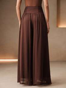 Anewsta Summer Vacation Style V-Neck Pleated Waist Drape Chiffon Wide Leg Culottes Long Pants, Suitable For Vacations, Trips And Commuting - Brown - View 7