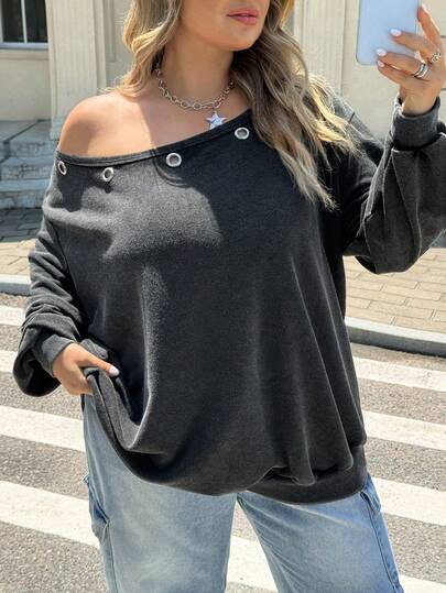 SHEIN CURVE+ تي شيرت مقاس كبير خريف بأكمام طويلة وكتف واحد