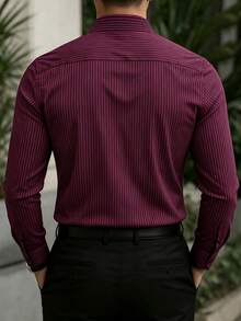 Calvornis Men's Fashionable Business Casual Printed Stripe Long Sleeve Shirt, For Fall, Formal - Burgundy - View 2