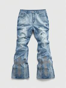 ROMWE MEN Men's Casual Washed Cross Embroidery Denim Jeans - Baby Blue - View 1