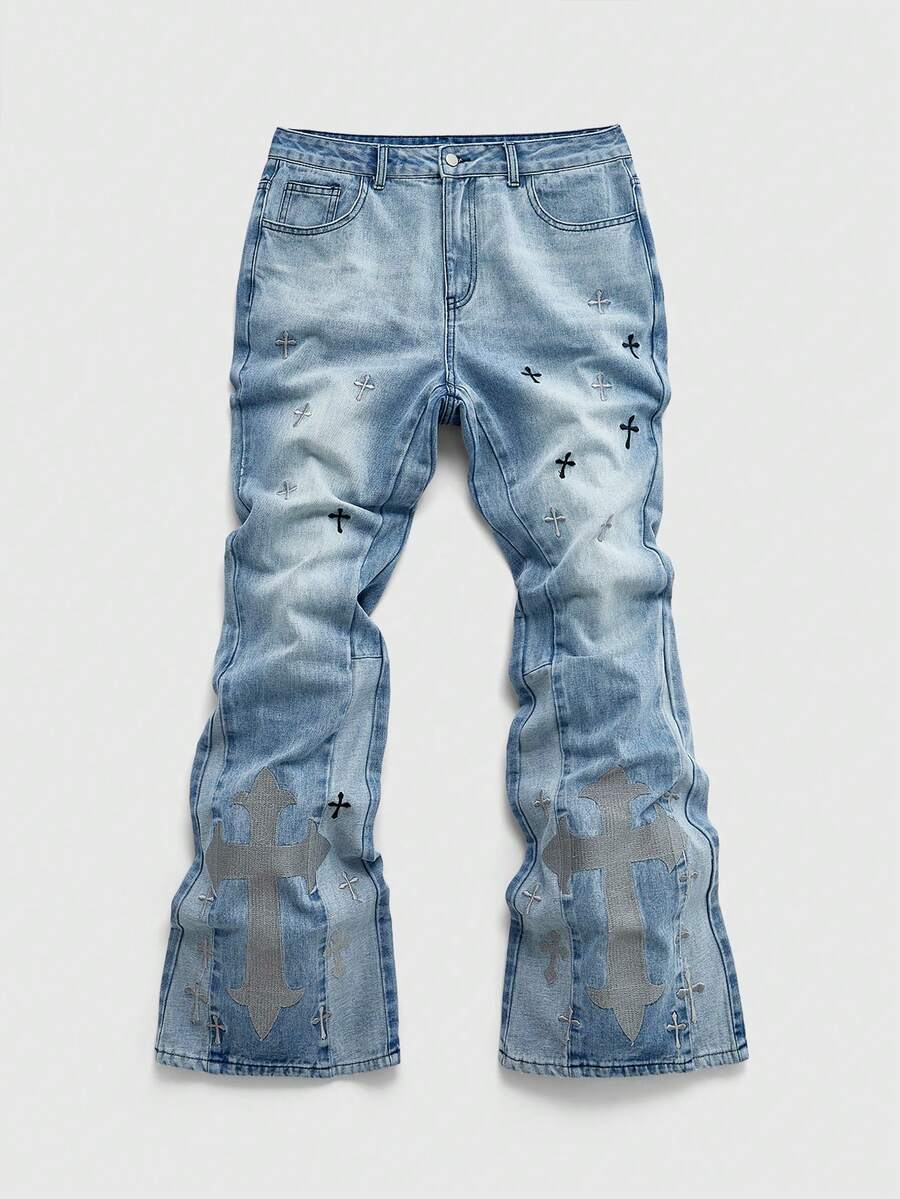 ROMWE MEN Men's Casual Washed Cross Embroidery Denim Jeans - Baby Blue - View 1