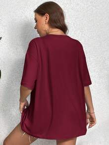 Shapeblank Plus Embroidery Letter Pattern Drop Shoulder Tee Plus Size T Shirt Girls - Burgundy - View 2