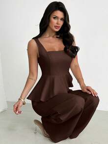 Firerie Spring/Summer Elegant Minimalist Daily Fashion Modern Commuter Fitted Women's Set, Dark Brown Solid Color Textured Fabric Sleeveless Tank Top Set - Brown - View 5