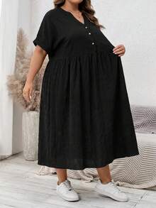SHEIN CURVE+ 大尺碼女款紋理鈕扣半開襟休閒洋裝 - 黑色 - 查看 4