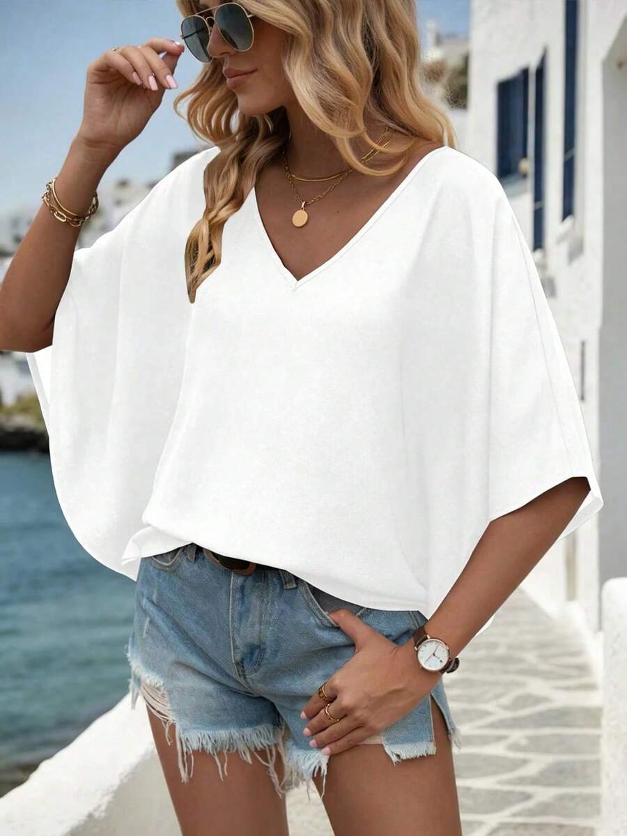 EMERY ROSE Solid Color V-Neck Batwing Sleeve Summer Casual Plus Size Shirt, 3/4 Sleeve Top, Plus Size Shirt - White - View 1