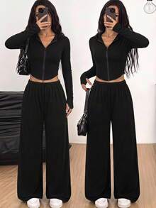 SHEIN Kids Teen Girls Knitted All All All Black Hoodie Long Pants Casual Streetwear Outerwear 2 Pieces Set Groove Autumn Groove Groove - Black - View 1