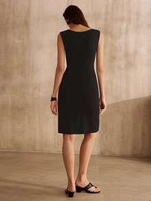 MOTF PREMIUM WOMEN'S SQUARE NECK SLEEVELESS SHORT SWEATER DRESS, FASHION COMMUTE, AUTUMN/WINTER - Black - View 6