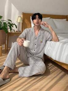 DAZY 夏季灰色短袖襯衫配長褲男士居家服睡衣套裝 - 灰色 - 查看 4