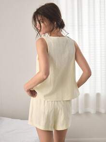 Ocili 100%純棉波希米亞風舒適簡約女款居家服套裝 - 杏色 - 查看 2