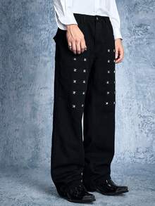 ROMWE MEN Street Life Jeans en denim avec décoration de rivets, mode homme - Noir - Voir 6