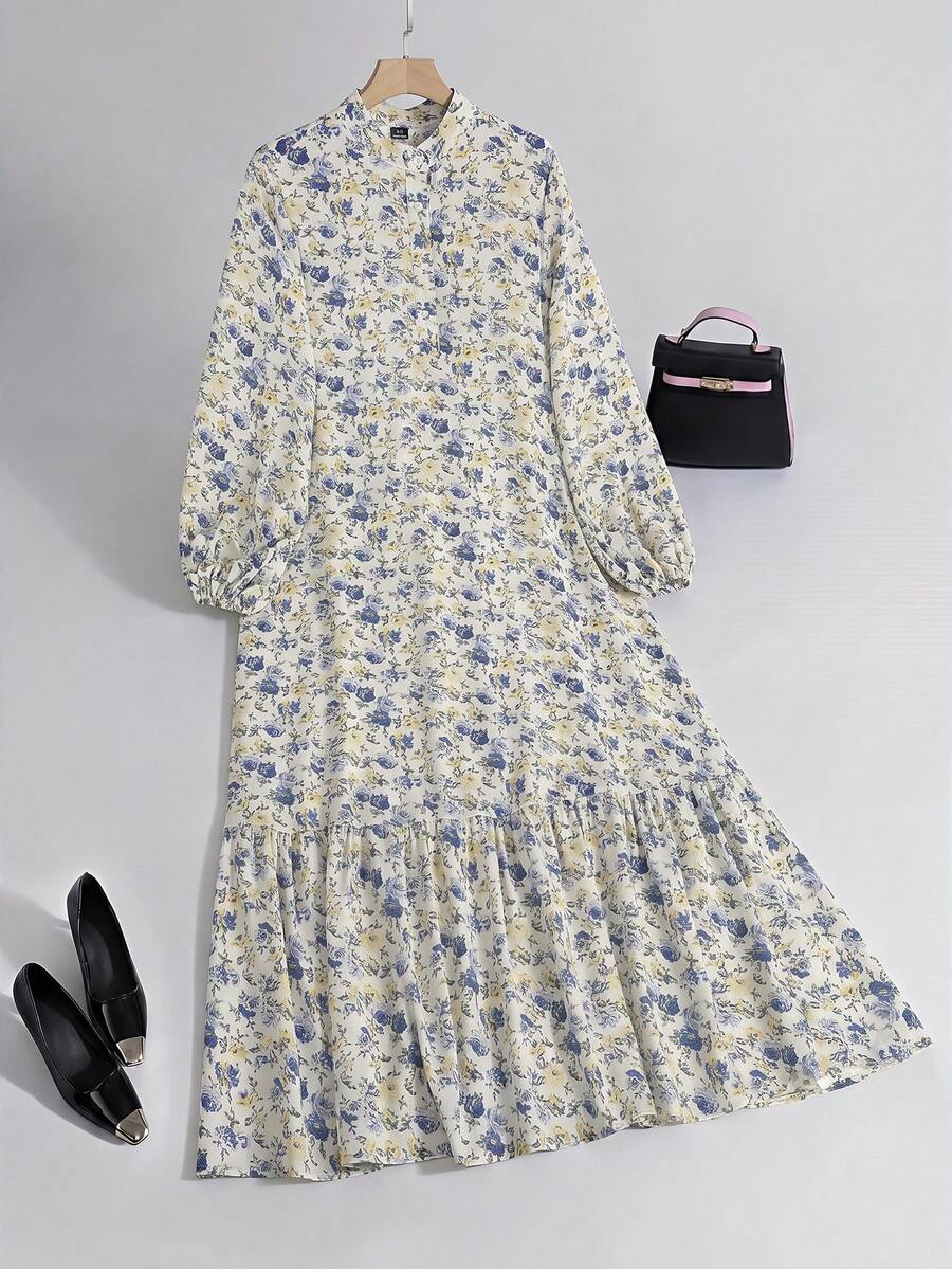 Al Najma 女款休閒碎花保守長袖阿拉伯風長洋裝,秋季藍色花卉洋裝 - 彩色 - 查看 1