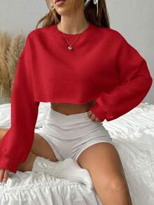 SHEIN EZwear 女款純色百搭極簡短版長袖運動衫，適合日常穿著 - 紅色 - 查看 4