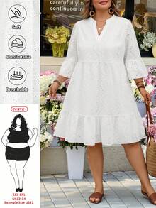 SHEIN CURVE+ Đầm hè cỡ lớn dành cho nữ, trang phục đi nghỉ hè, thiết kế cổ chữ V sâu, thêu hoa rỗng, viền bèo nhún, họa tiết hoa/mùa xuân. - trắng - Xem 8
