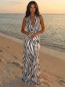 Aloruh Women's Zebra Print Halter Neck Deep V Sexy Dress, Ruched Waist Slimming Fit, Commute Versatile Street Style Long Fishtail Dress, Summer, Beach - Black and White - View 4