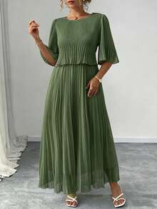 Elenzga Vestido de Gasa Plisado Elegante de unicolor Talla Grande, Primavera/Verano - Verde militar - Ver 3