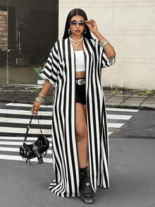 Maweii Spring Summer Autumn Casual Vacation Minimalist Elegant Sophisticated Fashion Niche Design New Essential Daily Wear Commute Business Black & White Striped Office Premium Plus Size Women's Jacket - Black and White - View 2