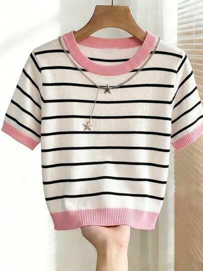 Franclia เสื้อถักแขนสั้นคอกลมลายทางสำหรับผู้หญิง ลำลองอเนกประสงค์ พร้อมดีไซน์บล็อกสี