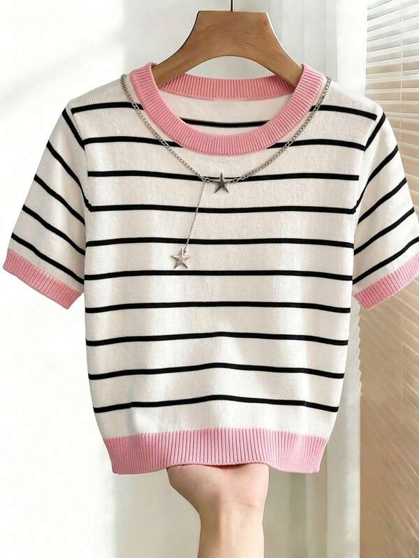 Franclia Women's Striped Crew Neck Casual Versatile Short Sleeve Knit Top With Color Block Design