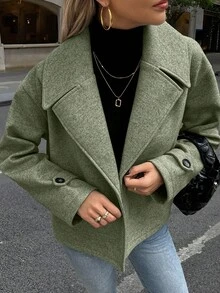 Struktiv 女款大翻領裝飾鈕扣長袖羊毛混紡外出夜穿橄欖綠秋季休閒優雅秋冬款 - 軍綠色 - 查看 4