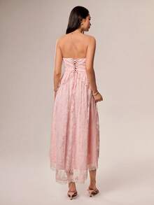 Willow Rêve Women's Light Pink Lace Bandeau Ruffle Hem High-Low Maxi Dress, Romantic Elegant Wedding Style, Bohemian, Birthday Party Date Holiday Summer - Pink - View 8