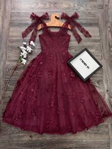 SHEIN Raffinéa 优雅蕾丝提花连衣裙 - 酒紅色 - 查看 3