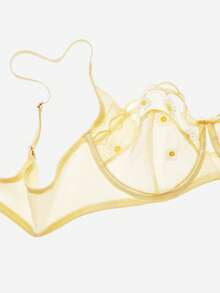 LUVLETTE Sujetador de lencería con bordado de margaritas, balconette transpirable sin forro, encaje floral amarillo transparente, minimizador de malla, ropa interior íntima - Amarillo - Ver 7