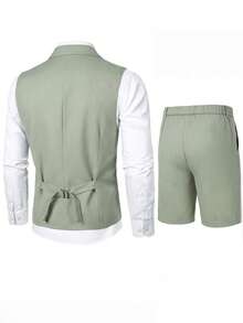 Manfinity Bizformal 男士淺綠色雙排扣馬甲短褲套裝，翻領無袖西裝背心與修身短褲套裝，正式，儀式 - 綠色 - 查看 2