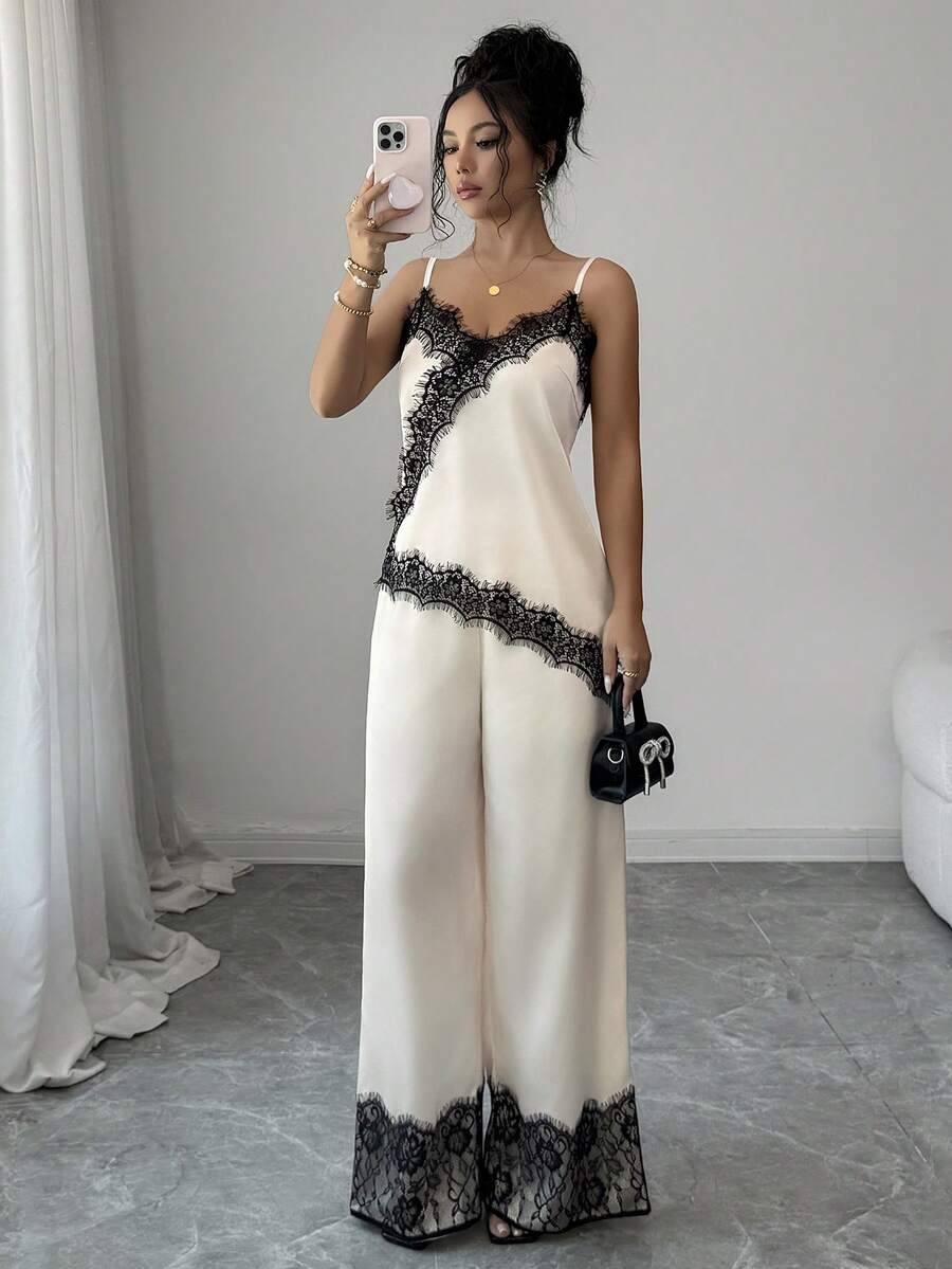 SHEIN Raffinéa 女款優雅蕾絲拼接背心上衣與蕾絲拼接長褲套裝
