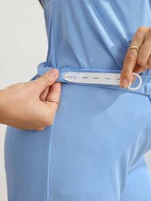 SHEIN 孕婦純色V領哺乳上衣與可調腰長褲休閒軟挺日常2件套 出院穿著 天藍色 - 藍色 - 查看 7
