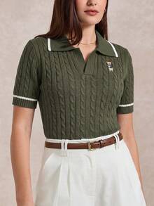 Briarwyn 女款時尚熊刺繡短袖針織上衣，適合日常穿著 - 軍綠色 - 查看 8