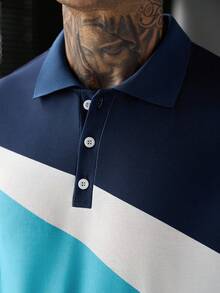 Manfinity Mode Men's Diagonal Colorblock Patchwork Polo Shirt, Summer Collared Polo Shirt - Multicolor - View 7