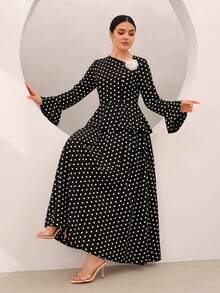 Graceveil Polka Dot Print Ruffle Hem Bell Sleeve Cinched Waist Top And Flared Skirt Set Dinner Date Black And White Polka Dot Autumn Modest Elegant - Black - View 4