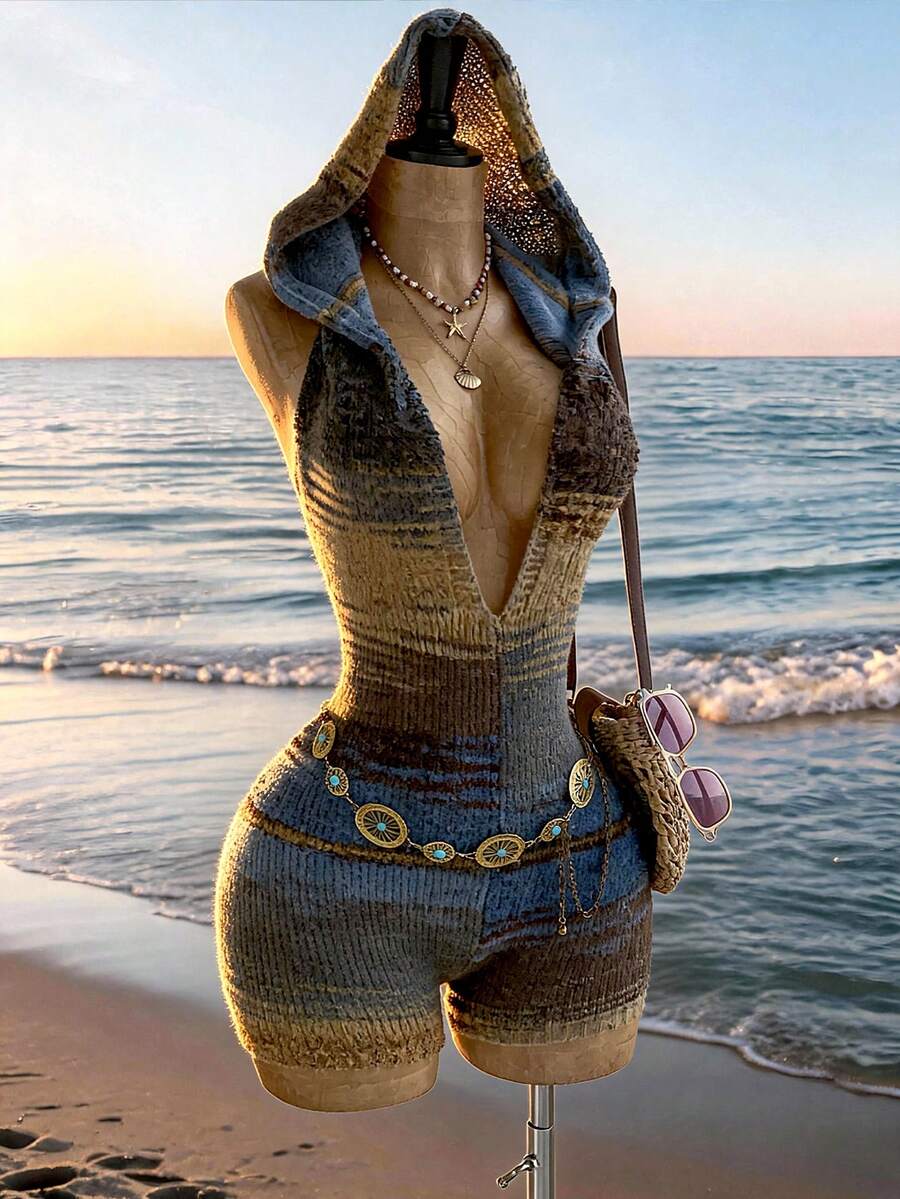 Soleia Women's Gradient Backless Halter Hooded Knit Romper Beach Vacation Blue Striped Autumn Breezy European Tropical - Multicolor - View 1