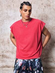 Skyrend Men's Summer Casual Solid Color Wide Shoulder Tank Top Cotton Tops Sleeveless Tee Red Crop Top Muscle Tee Cotton Sleeveless Tee Men Tops Red Cut Sleeve T-Shirt Men, Holiday Gothic Punk Streetwear For Emo Boy Grunge - Red - View 6