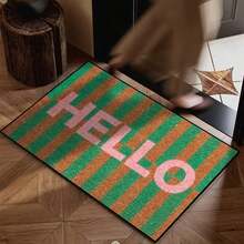 1pc Brown And Green Striped Hello Welcome Door Mat, Crystalline Velvet Polyester Material, Lightweight And Simple, All-Season Entry Mat, Machine Washable, Suitable For Kitchen, Dining Room, Corridor, Bathroom, - multicolor - View 2