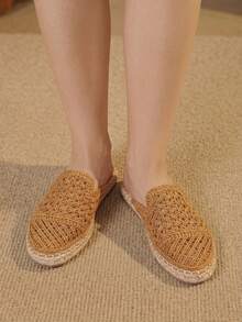 Styleloop 波希米亞風鏤空鉤編網格草編穆勒鞋，女款夏季海灘度假平底無跟一腳蹬透氣休閒涼鞋 - 棕色 - 查看 8