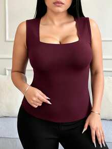 Zyxie 女款大尺碼純色方領修身休閒背心 - 酒紅色 - 查看 3
